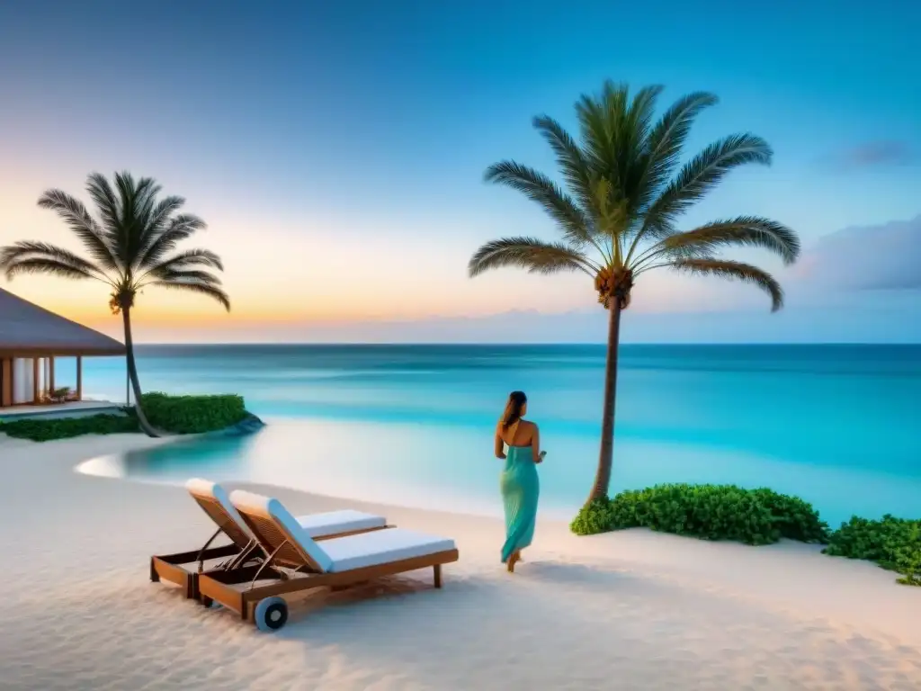 Villa de lujo en la playa al amanecer: confort y exclusividad Villa playera al amanecer con servicio concierge, pareja feliz y yacht al fondo