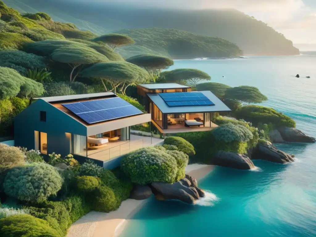 Villa sostenible frente al mar con delfines jugando Una villa sostenible en la costa: arquitectura moderna en armonía con la naturaleza, familia de delfines