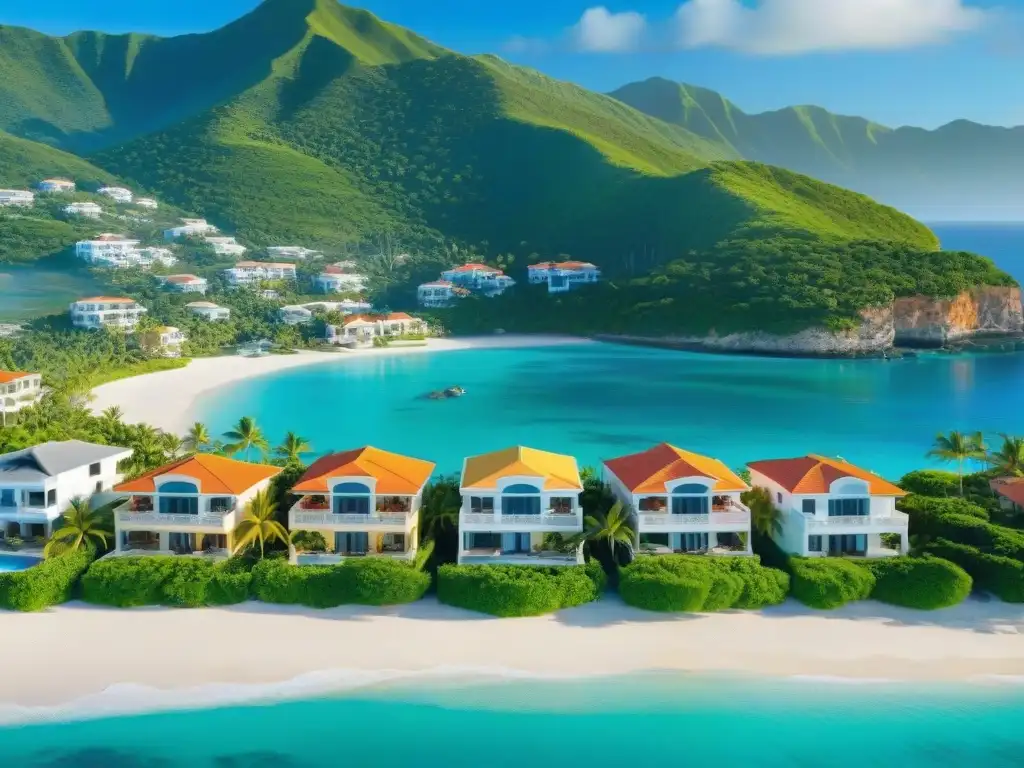 Paraíso costero al amanecer: villas coloridas y exclusividad Villas costeras al amanecer con hipotecas segundas residencias costa, mar turquesa y palmeras exuberantes
