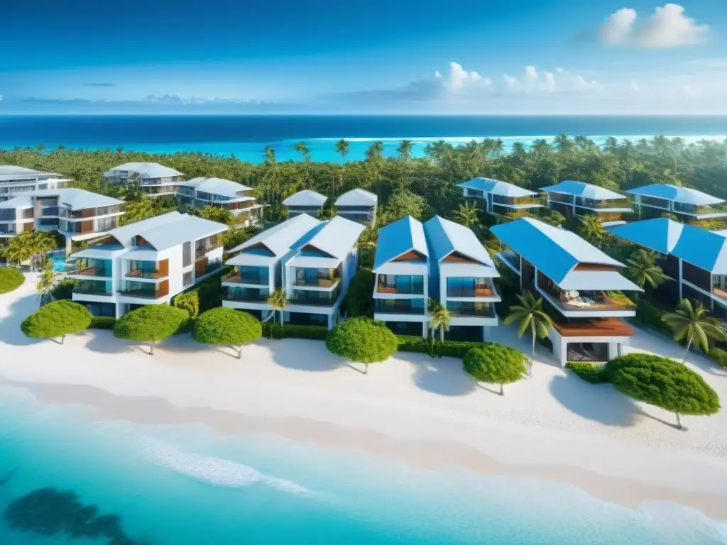Paraíso costero: villas modernas en realidad virtual Villas futuristas en la costa, rodeadas de aguas cristalinas, playas blancas y palmeras