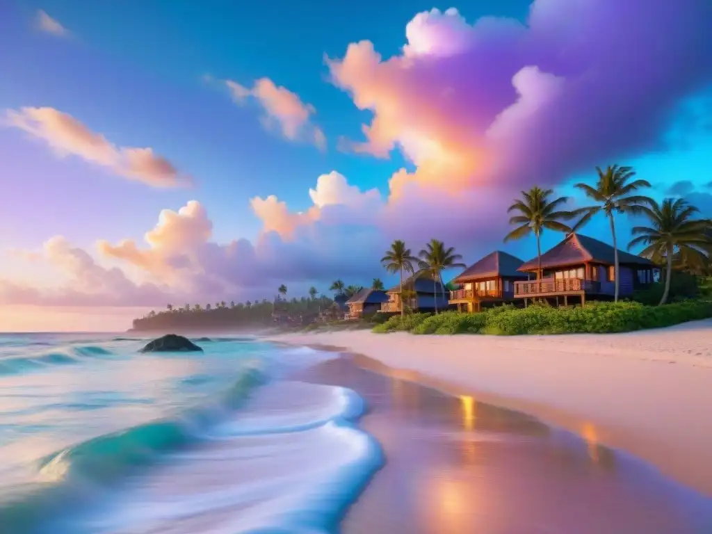 Paraíso costero: playas de ensueño y atardeceres de ensueño Villas de lujo en playa paradisíaca al atardecer