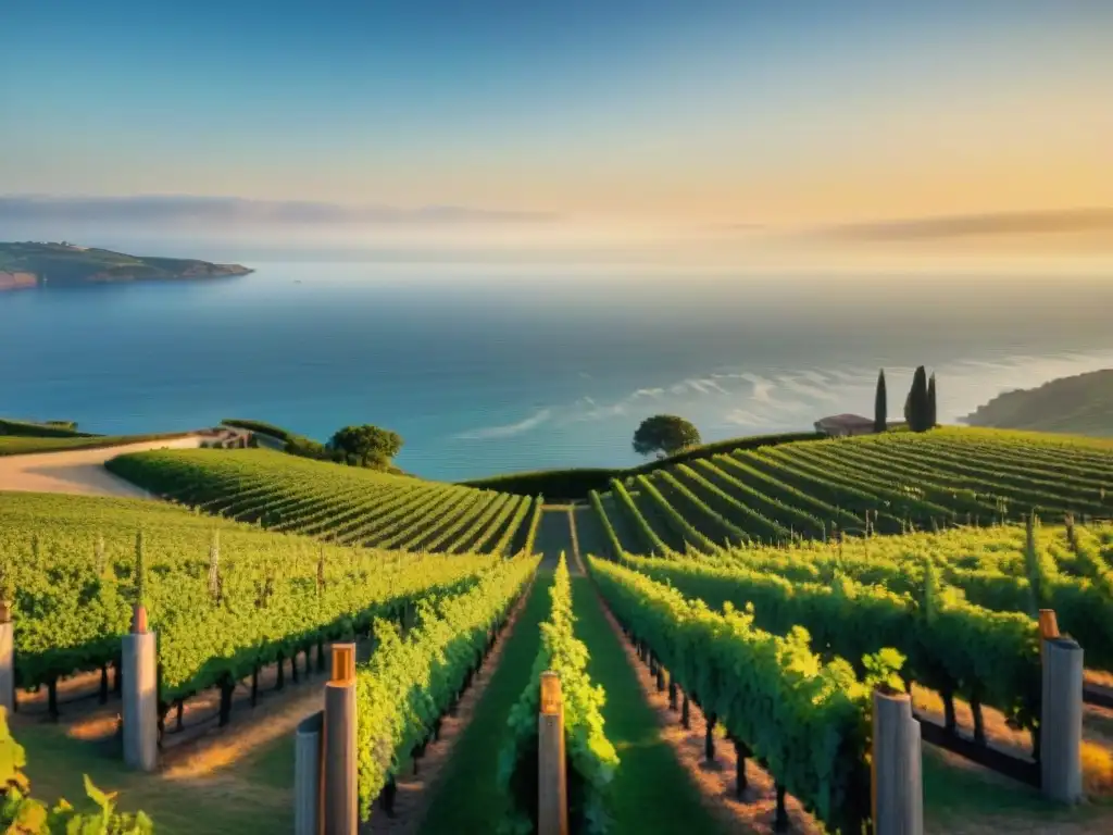 Viñedo de lujo: atardecer con vista al mar y degustación de vinos Un viñedo en la costa al atardecer con sommeliers haciendo maridaje vinos y vistas mar