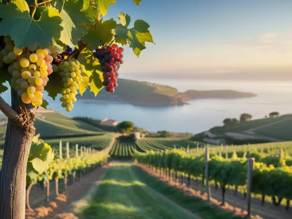 Viñedo costero al atardecer: belleza dorada junto al mar Un viñedo costero al atardecer, maridaje vinos y vistas mar