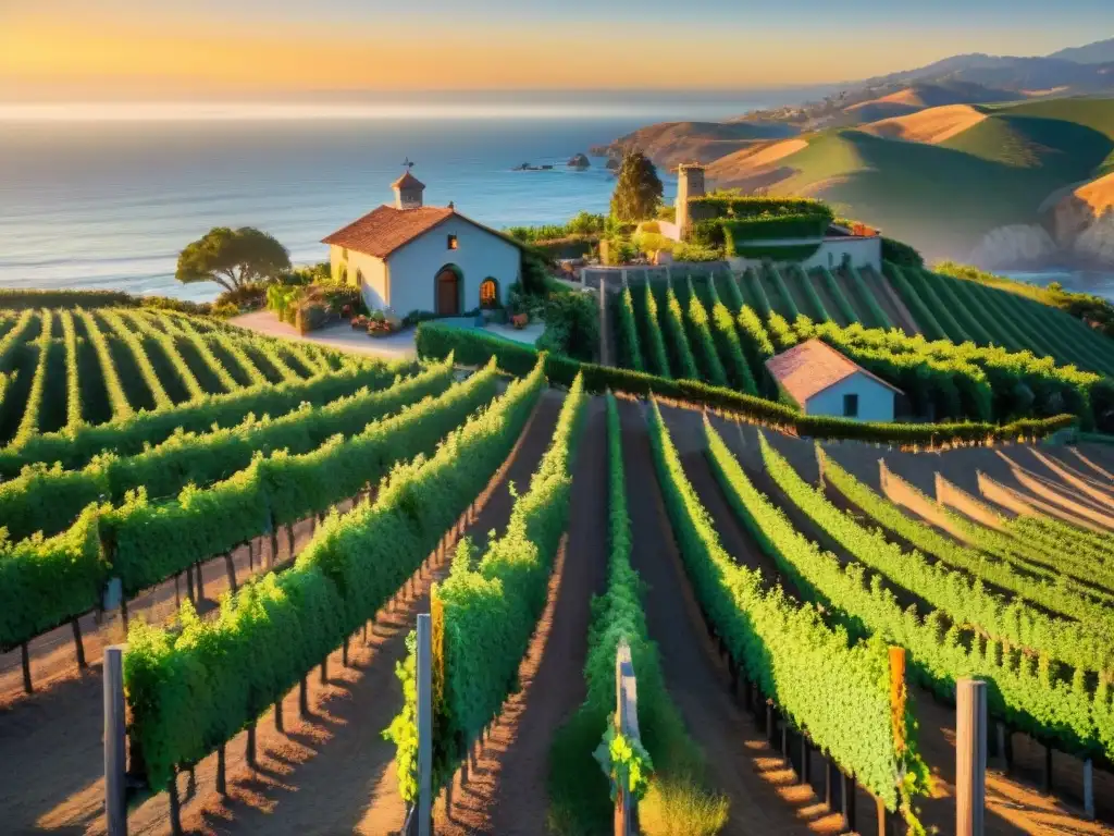 Viñedo costero en California: Naturaleza, cultura y indulgencia Vinedo pintoresco en la costa de California al atardecer con pareja y bodega rústica