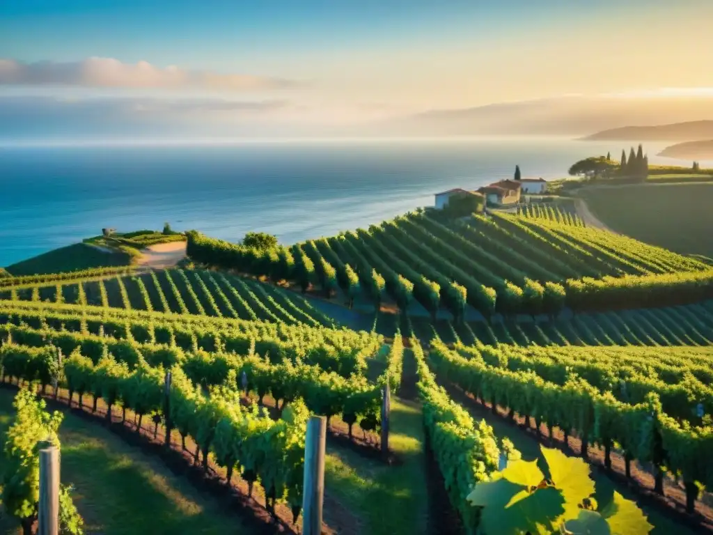 Viñedo dorado junto al mar al atardecer Un viñedo pintoresco con vistas al mar tranquilo al atardecer, perfecto para maridaje vinos y vistas mar