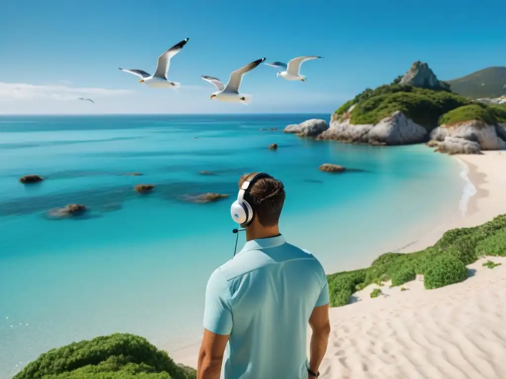 Tour virtual en playa paradisíaca: guía y diversidad maravillados Un guía virtual en una playa paradisíaca, liderando tours virtuales propiedades costeras con un grupo diverso asombrado