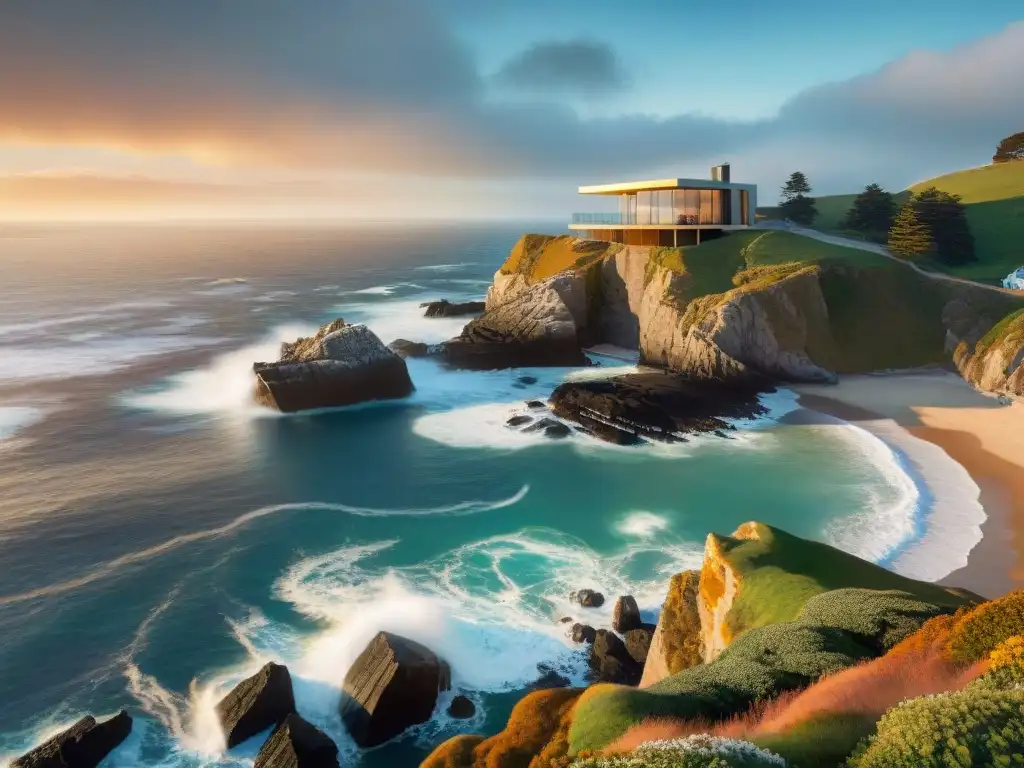 Arte y naturaleza en armonía: galería junto al mar al atardecer Visitantes admirando obras de arte en una galería moderna, iluminada por la cálida luz del atardecer en una costa rocosa