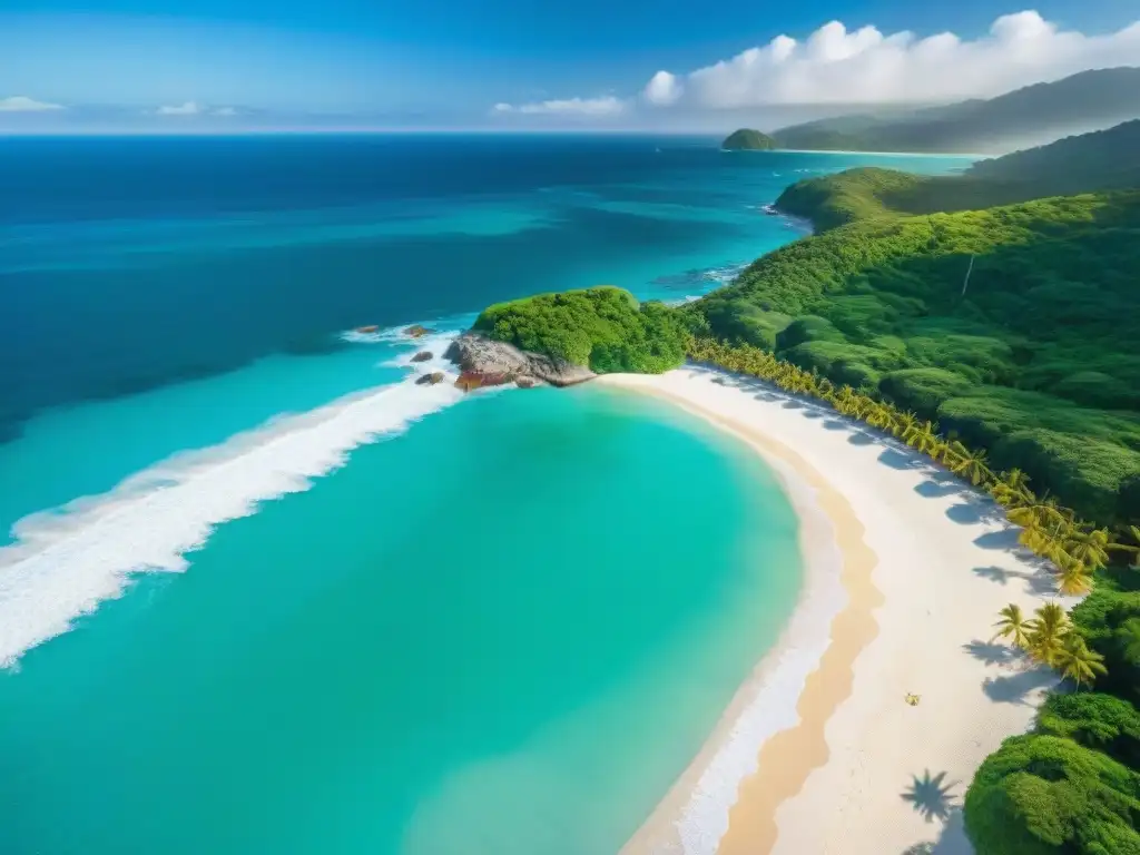 Paraíso costero: playas de arena blanca y aguas turquesas Vista aérea de costa virgen con aguas turquesas, playas blancas, palmeras y alquiler vacacional costero inteligencia artificial