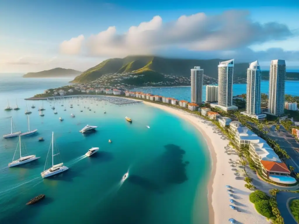 Vibrante ciudad costera: modernidad y tradición en armonía Vista aérea de una animada ciudad costera con rascacielos y propiedades tradicionales en la playa