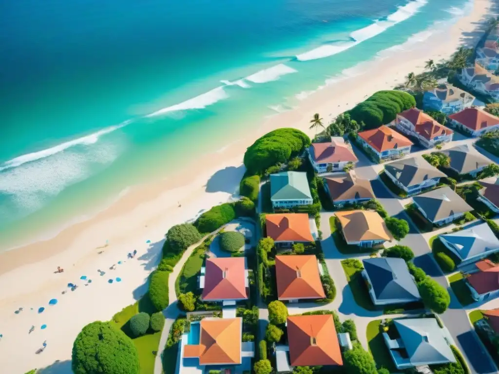 Playa paradisíaca: alquileres vacacionales a orillas del mar Vista aérea de un animado pueblo playero con variedad de alquileres vacacionales, turistas y coloridos parasoles