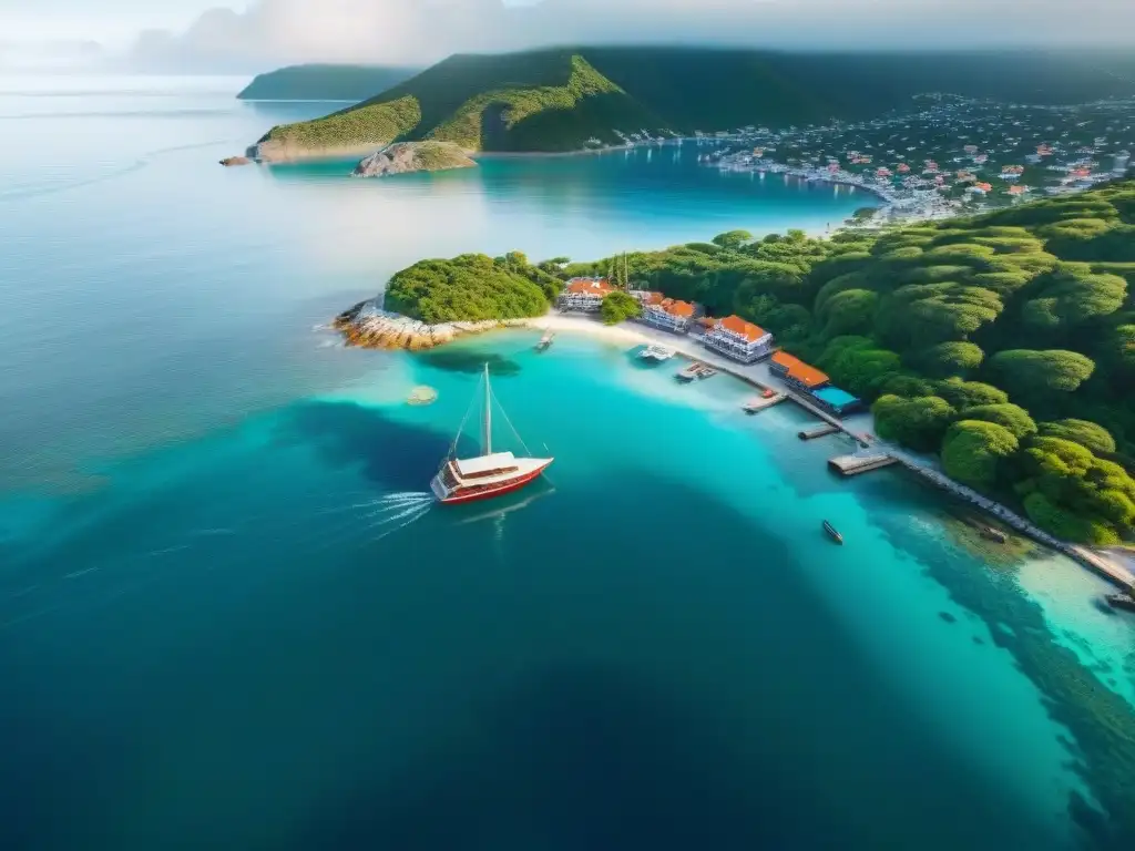 Vista aérea de puerto costero vibrante para crowdfunding Vista aérea de un animado pueblo costero con un puerto lleno de botes coloridos, aguas cristalinas y exuberante vegetación