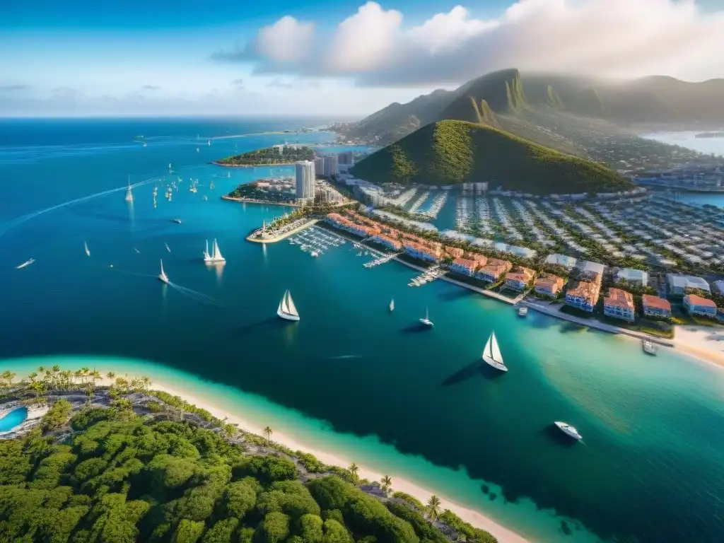 Horizonte costero próspero: inversión inmobiliaria en ciudades costeras Vista aérea asombrosa de una ciudad costera vibrante, con un puerto bullicioso, edificios altos reluciendo al sol y una playa prístina
