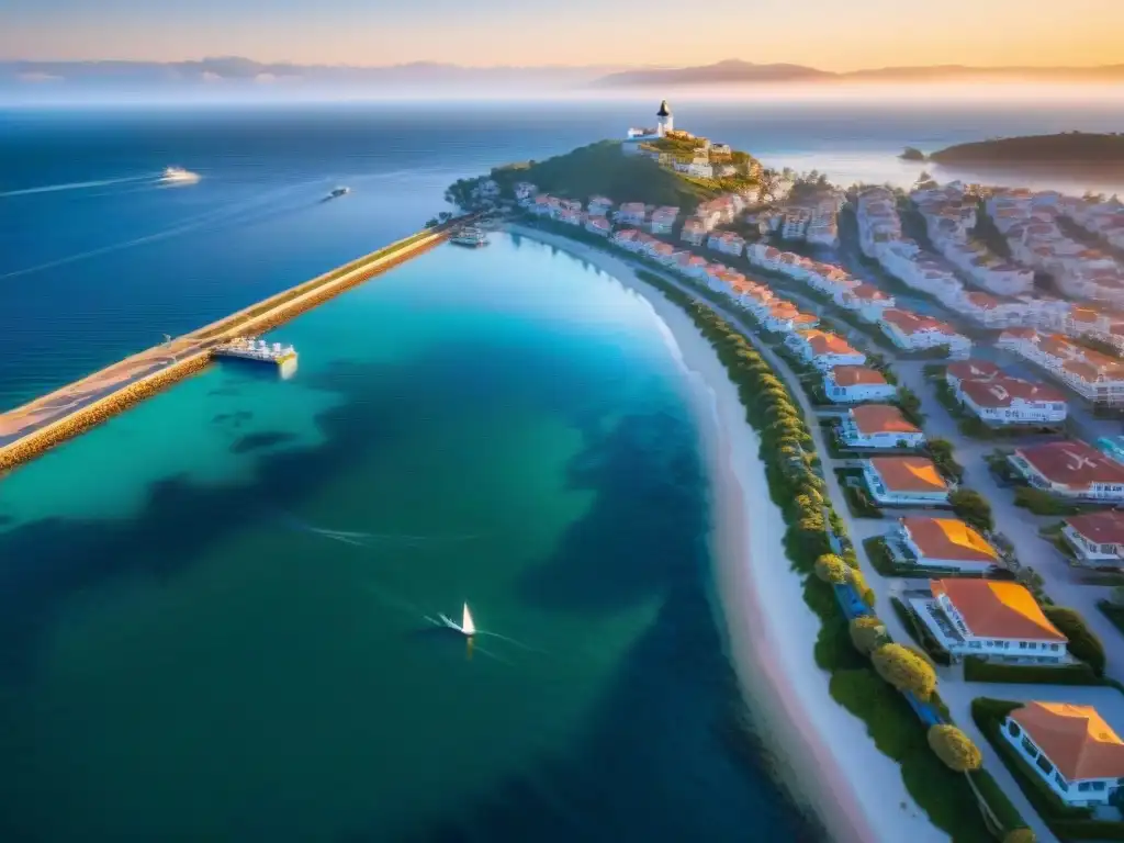 Vista aérea de lujo: ciudad costera al atardecer Vista aérea al atardecer de una ciudad costera con propiedades de lujo en la playa, yates en la marina y gente en el paseo marítimo