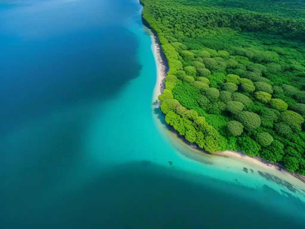 Maravilla costera: manglares verdes de Bali protegen el paraíso Vista aérea de bosques de manglares verdes en Bali contrastando con el océano Índico, destacando la conservación ambiental en Bali