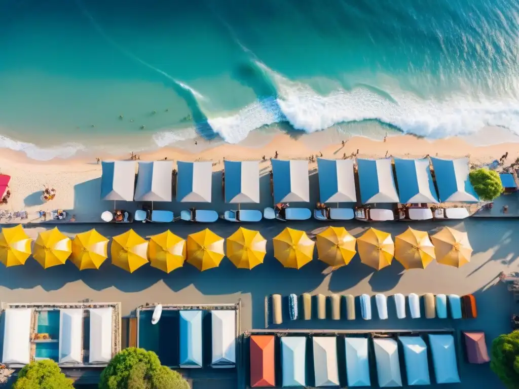 Vista aérea de una bulliciosa ciudad costera con rascacielos, yates en la marina, playa con sombrillas coloridas al atardecer