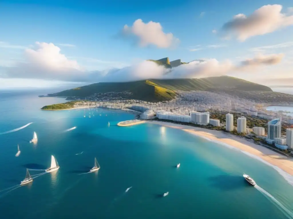 Vista aérea de ciudad costera con rascacielos, yates y playa vibrante Vista aérea de una bulliciosa ciudad costera con modernos edificios en el mercado inmobiliario costero big data