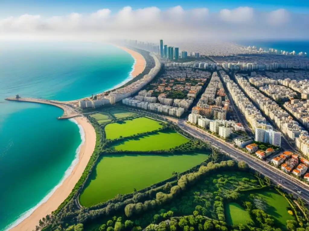 Contrastes de Tel Aviv: Ciudad innovadora y costa mediterránea Vista aérea de Tel Aviv capital costera innovadora, con su paisaje urbano innovador y la costa del Mediterráneo
