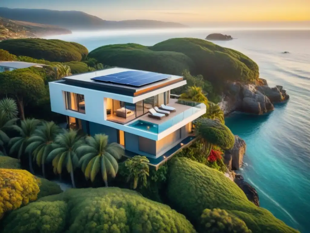 Vista aérea impactante de casa inteligente en la costa al atardecer Vista aérea de una casa costera moderna al atardecer con domótica para hogares costeros