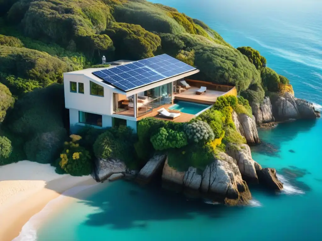Casa sostenible en acantilado: futuro del hogar ecoamigable Vista aérea de una casa costera sostenible autónoma en un acantilado, con paneles solares y jardín nativo