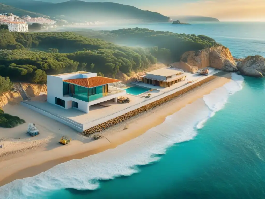 Playa paradisíaca en Costa Dorada: construcción de casa frente al mar Vista aérea de construcción de casa moderna en playa, reflejando financiamiento y belleza costera