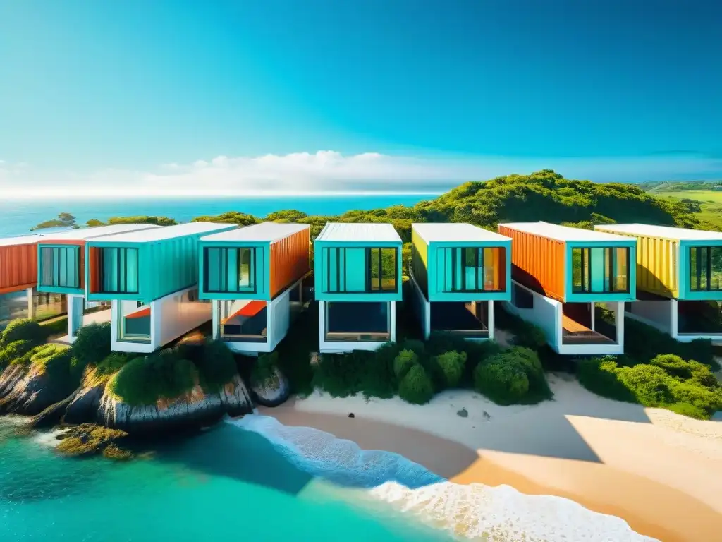 Viviendas contenedoras modernas en la costa: diseño innovador y sostenible Vista aérea de casas contenedor en la costa, integradas en paisaje costero con diseño innovador y sostenible