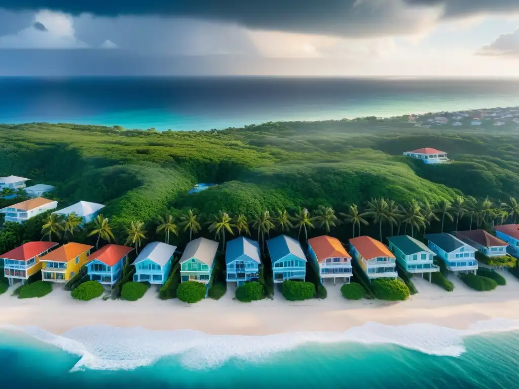 Costa vibrante con casas coloridas y amenaza natural Vista aérea de casas en costa con seguro para hogar, rodeadas de exuberante vegetación y el azul del mar, contrastando con nubes de tormenta
