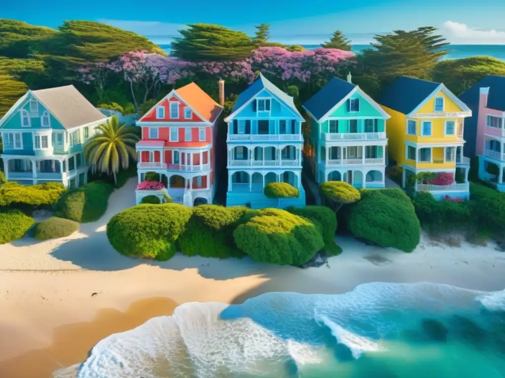 Costa colonial: elegancia y encanto en armonía junto al mar Vista aérea de casas estilo colonial en la costa, con fachadas coloridas y jardines verdes, bajo cielo azul y olas del mar