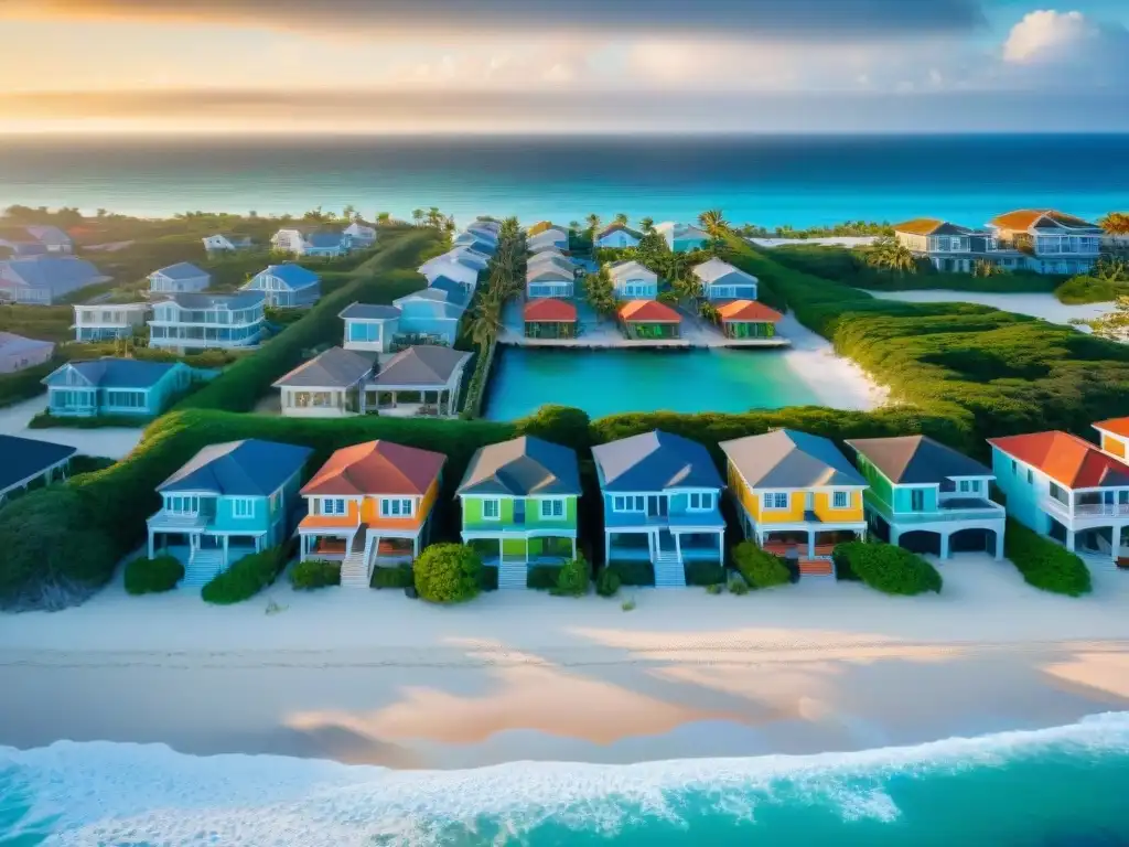 Costa resiliente: casas de playa preparadas para desastres naturales Vista aérea de casas frente al mar con medidas de seguridad y resistencia, mostrando las políticas de seguro para residencias