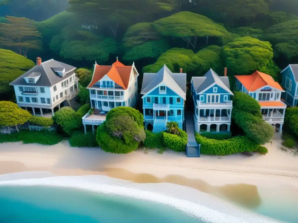 Exclusivas casas de playa históricas rodeadas de lujo y serenidad Vista aérea de casas históricas frente al mar con detalles arquitectónicos únicos, rodeadas de vegetación exuberante y océano azul sereno