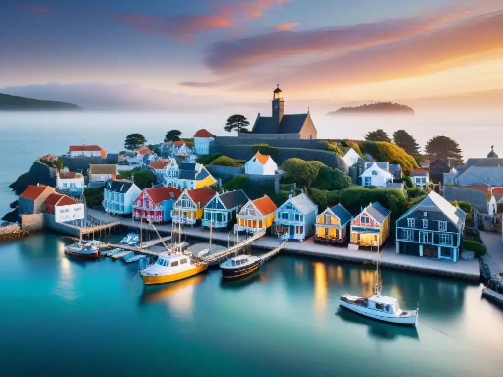 Pintoresco pueblo costero: atardecer entre casas históricas y barcas Vista aérea de casas históricas costeras con colorida arquitectura y cálido atardecer