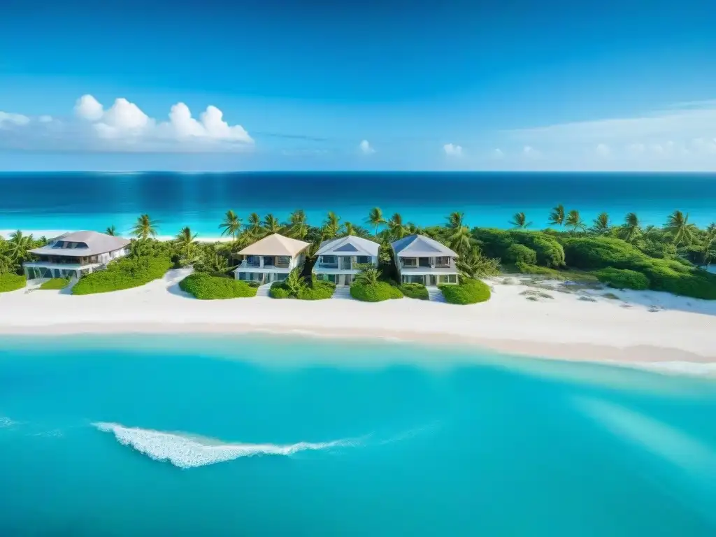 Paraíso costero: casas de lujo en playa de aguas turquesa Vista aérea de casas de playa con arquitectura moderna y palmeras verdes, ideal para comprar casa playa sin entrada