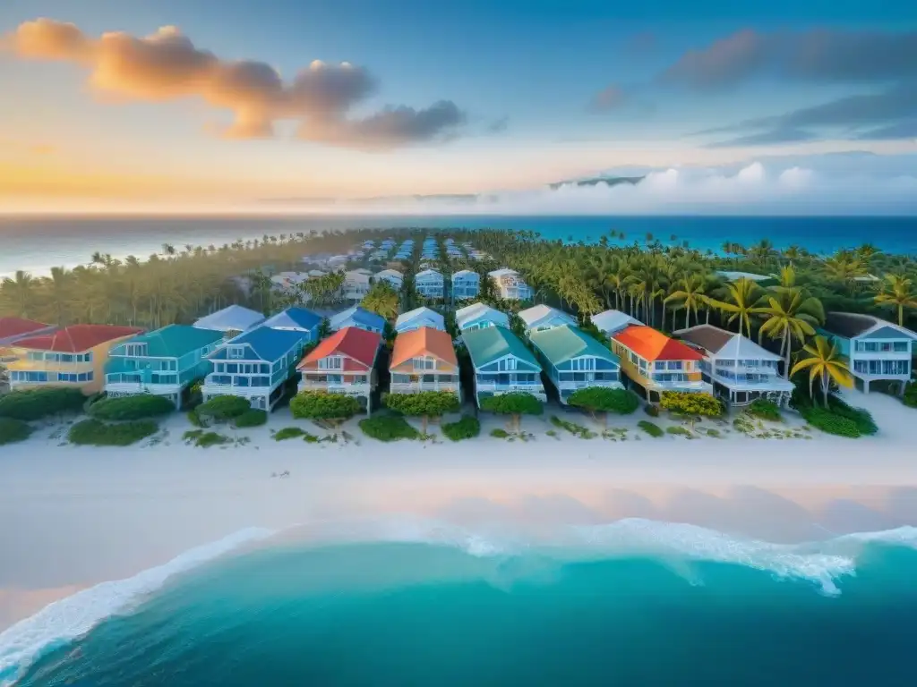 Postal paradisíaca: pueblo costero al atardecer Vista aérea cautivadora de un pueblo costero con casas de alquiler vacacional coloridas, seguridad y tranquilidad