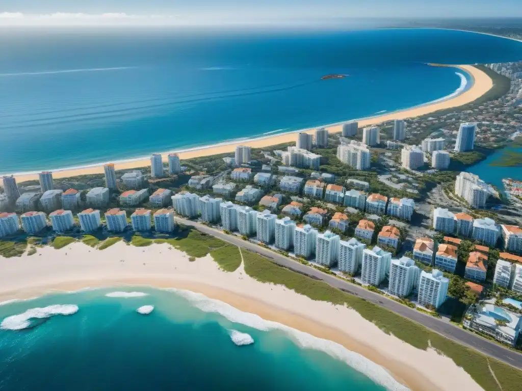 Skyline costero: lujo y prosperidad en bienes raíces Vista aérea de ciudad costera con rascacielos modernos en la playa