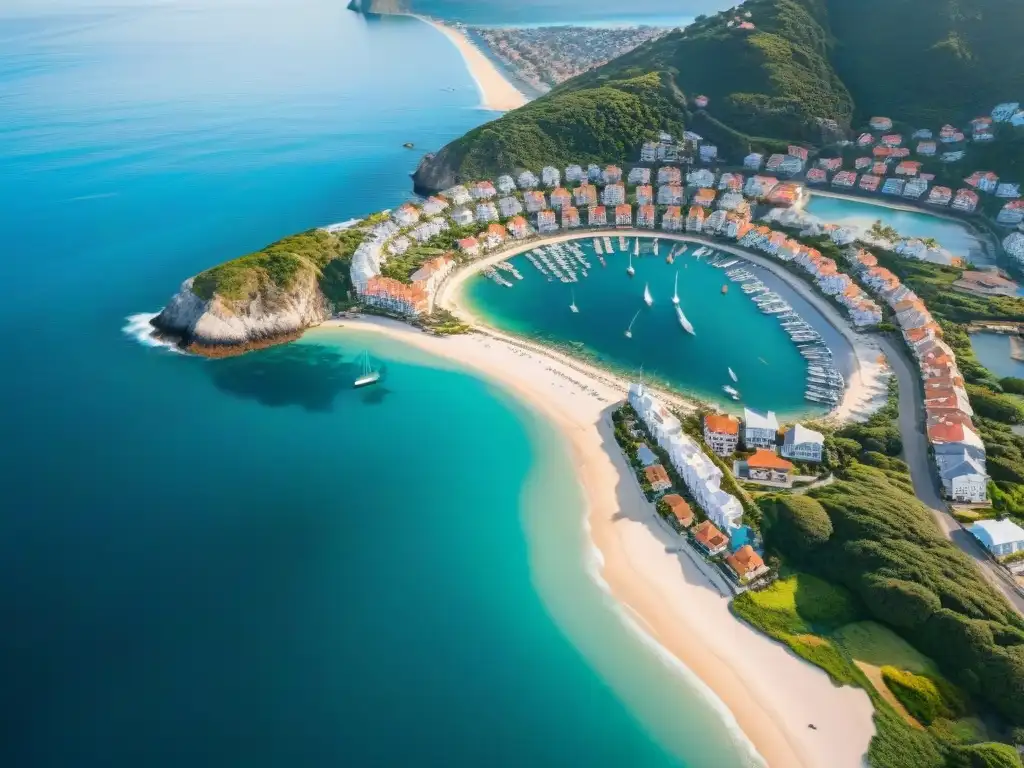 Contraste urbano y natural en ciudad costera: inversión inmobiliaria Vista aérea de ciudad costera moderna y tradicional, destacando la belleza natural