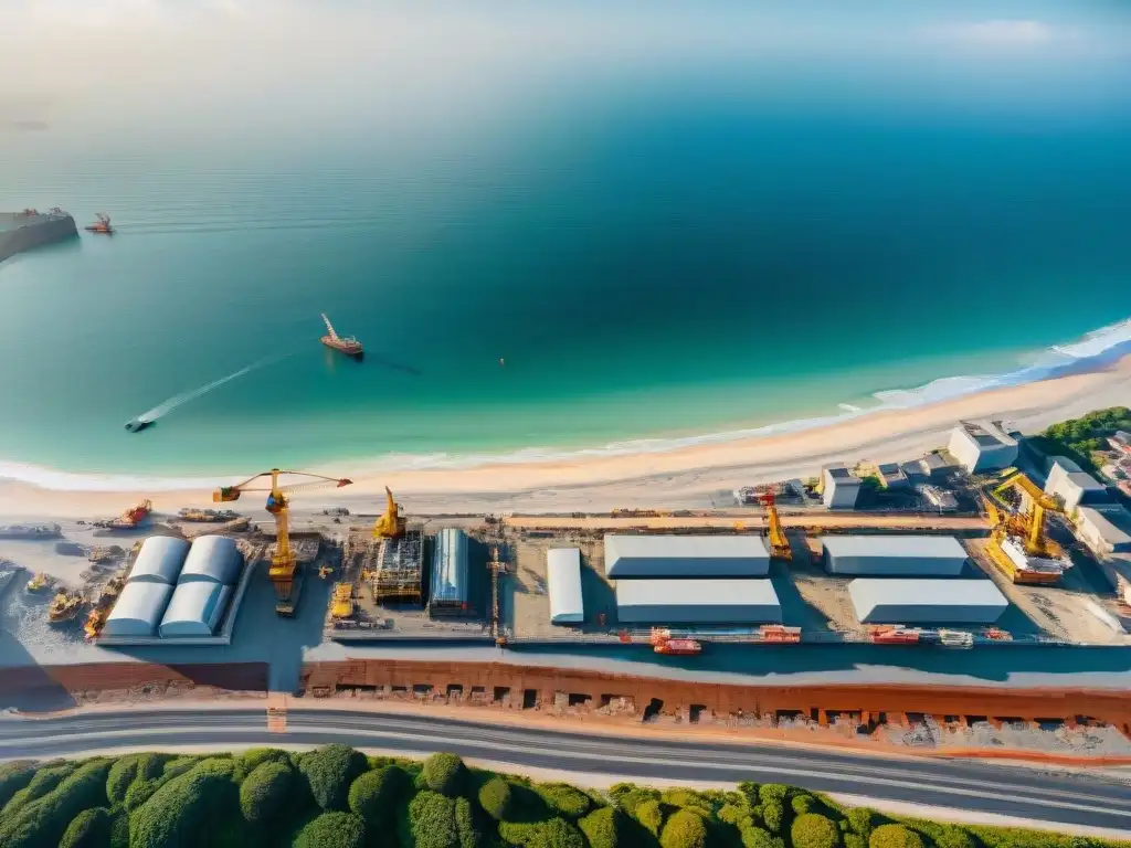Desarrollo urbano costero: ciudad en construcción Vista aérea de ciudad costera en construcción con grúas, obreros y mar