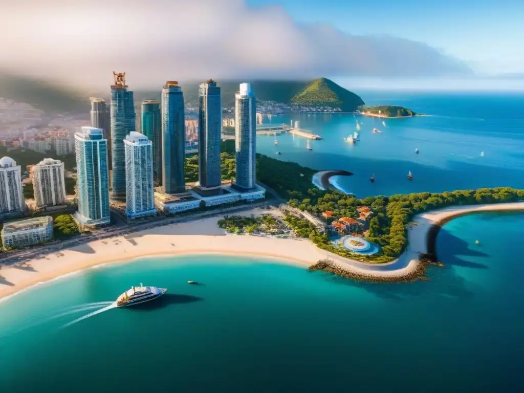 Vida costera: ciudad moderna, puerto activo y playa vibrante Vista aérea de una ciudad costera con edificios modernos, un puerto ocupado y una playa con personas disfrutando del sol y el mar