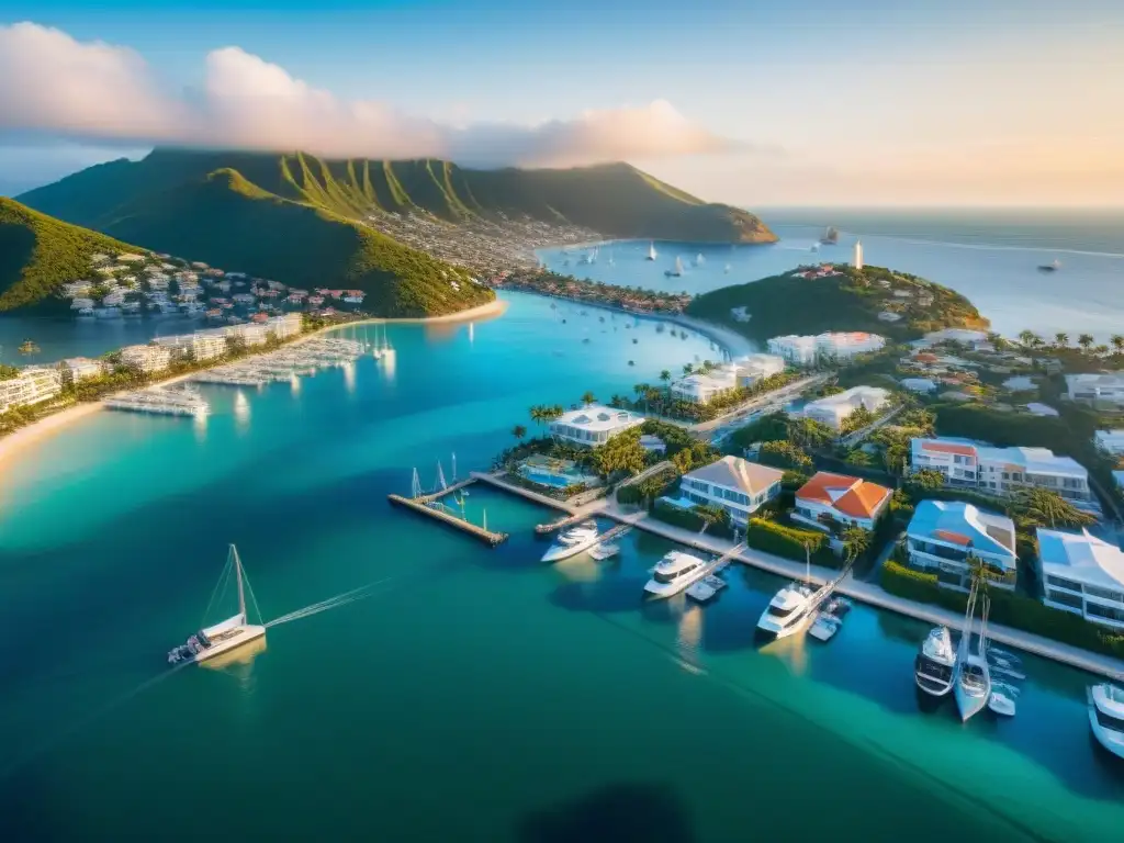Vista aérea de ciudad costera: lujo y criptomonedas Vista aérea de una ciudad costera con propiedades lujosas y la posibilidad de usar criptomonedas para comprarlas