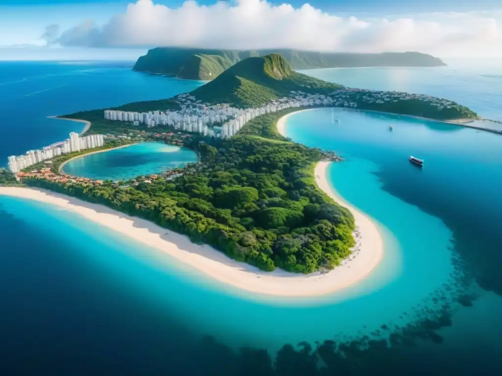 Costa vibrante: ciudad costera emergente con modernidad y tradición Vista aérea de una ciudad costera vibrante en un mercado emergente, con modernos rascacielos y casas tradicionales en la playa, rodeadas de aguas cristalinas y vegetación exuberante