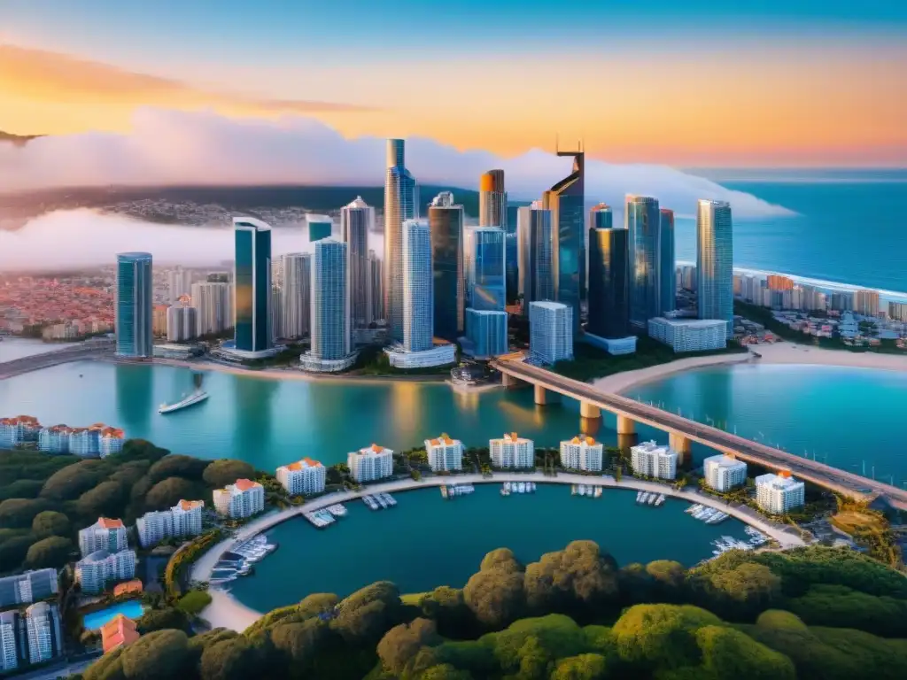 Horizonte costero con tecnología blockchain: fusión futurista y tradicional Vista aérea de ciudad costera con tecnología blockchain integrada en edificios y paisaje, reflejando integración en mercado inmobiliario costero