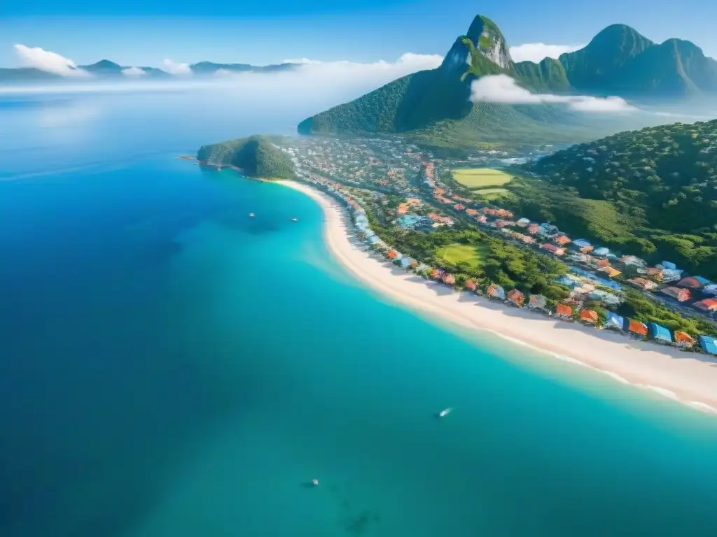 Destino costero paradisíaco: playas, turismo y propiedades vibrantes Vista aérea de ciudad costera con propiedades coloridas en destino turístico