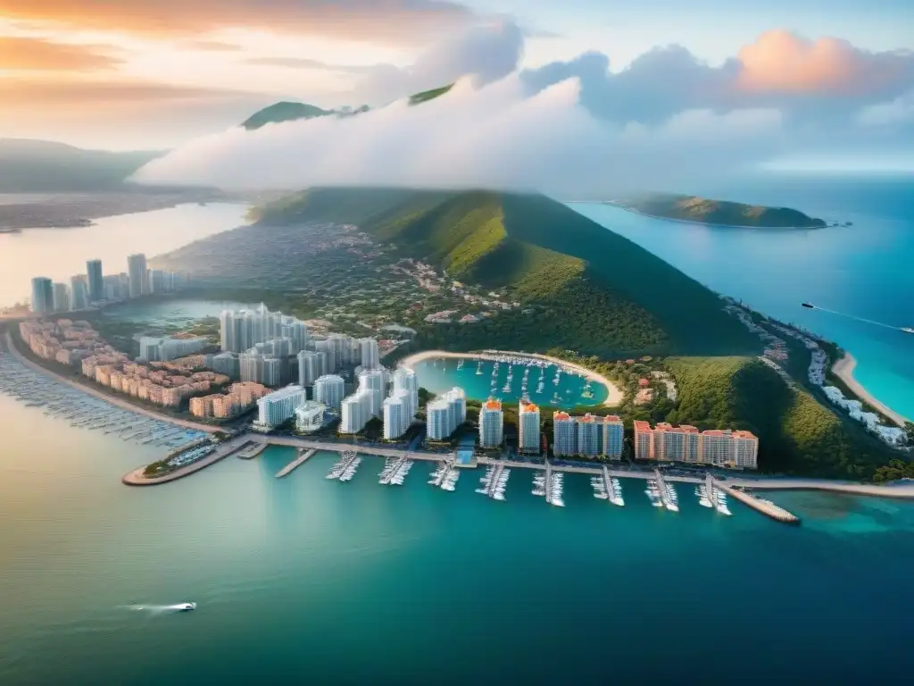 Metrópolis costera: arquitectura moderna y naturaleza Vista aérea de ciudad costera con rascacielos, marina y yates