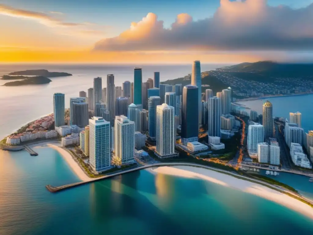 Esplendor urbano: atardecer dorado en ciudad costera Vista aérea de ciudad costera con REITs costeros tendencias proyecciones