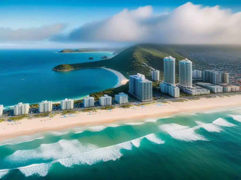 Inversiones inmobiliarias costeras: ciudad moderna en playa Vista aérea de una ciudad costera con modernos edificios y playa, ideal para invertir en REITs costeros: inversión rentable