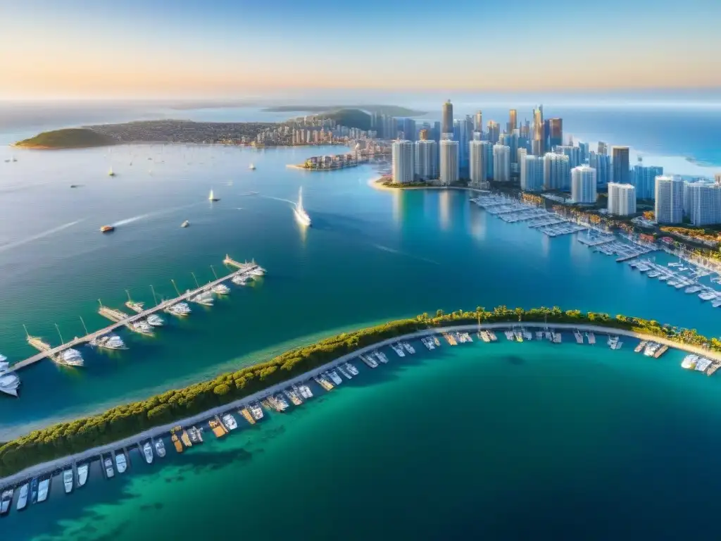 Panorámica costera: lujo y modernidad en el mercado inmobiliario Vista aérea de ciudad costera con rascacielos modernos, propiedades lujosas y marinas