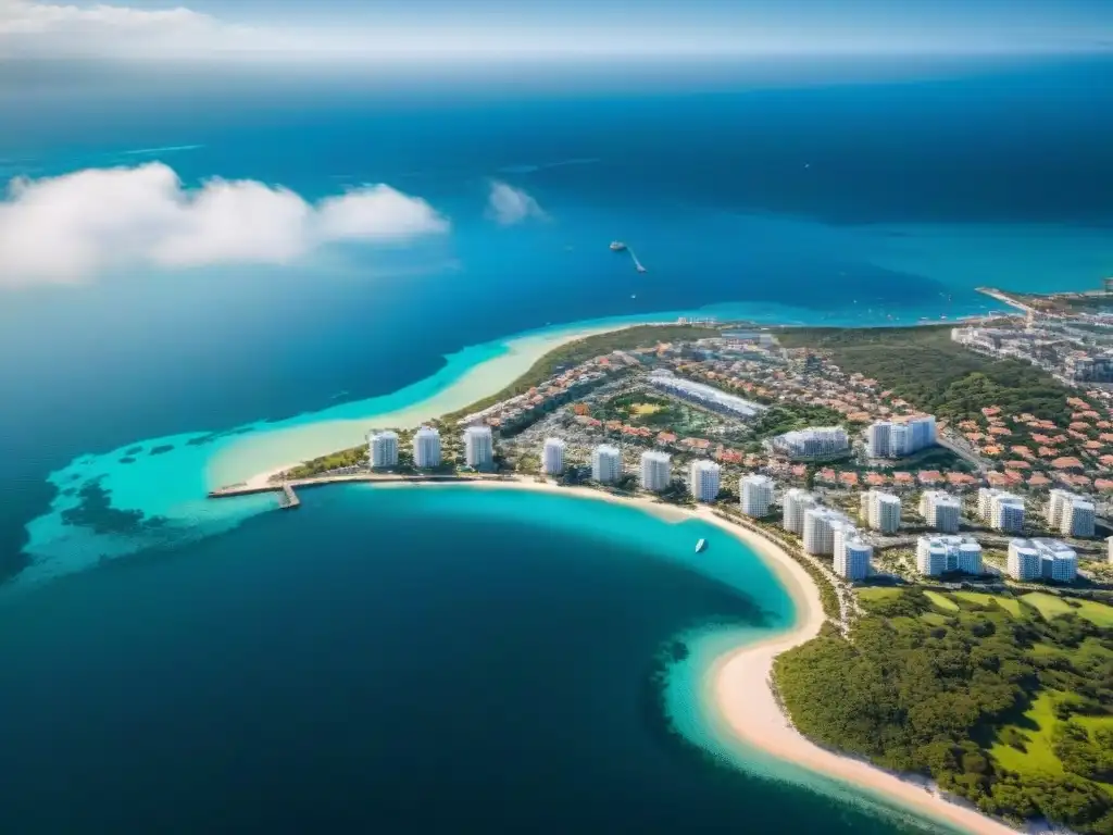 Espectacular ciudad costera: urbanismo frente al mar Vista aérea de ciudad costera con rascacielos y marinas, destacando inversión en REITs costeros