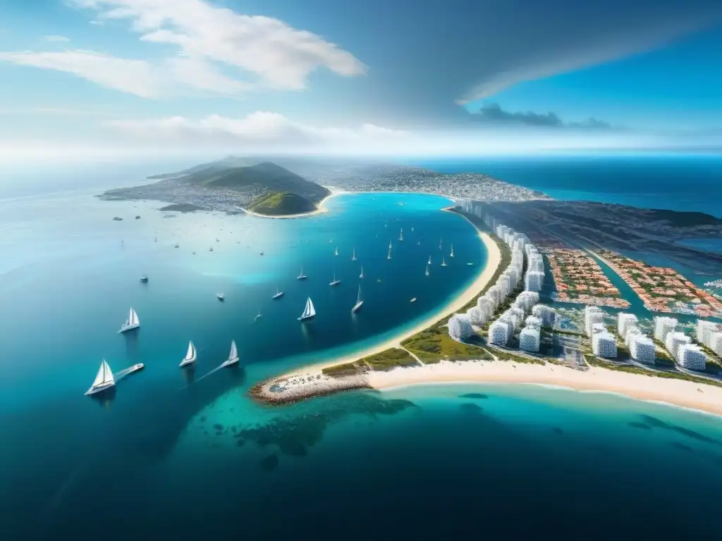 Espléndido paisaje costero: ciudad futurista junto al mar Vista aérea de una ciudad costera moderna con rascacielos futuristas, marinas llenas de yates y playas