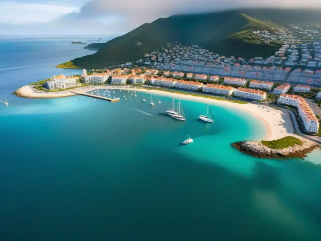 Vista aérea de ciudad costera: modernidad y tradición marítima Vista aérea de una ciudad costera con edificios modernos, propiedades históricas y un animado puerto deportivo