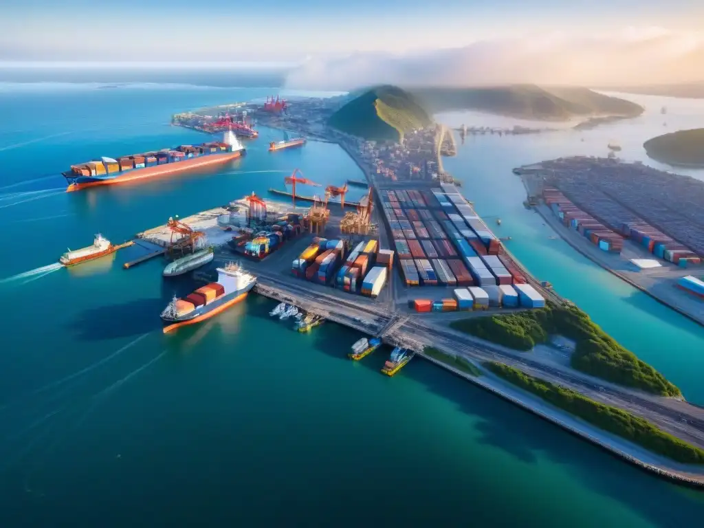 Vista aérea de una ciudad costera vibrante con rascacielos modernos, puertos bulliciosos y autopistas conectando áreas