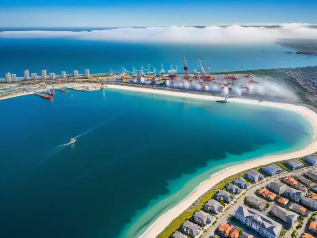 Inversión inmobiliaria: Desarrollo costero de lujo en construcción Vista aérea de una ciudad costera en construcción con grúas y trabajadores