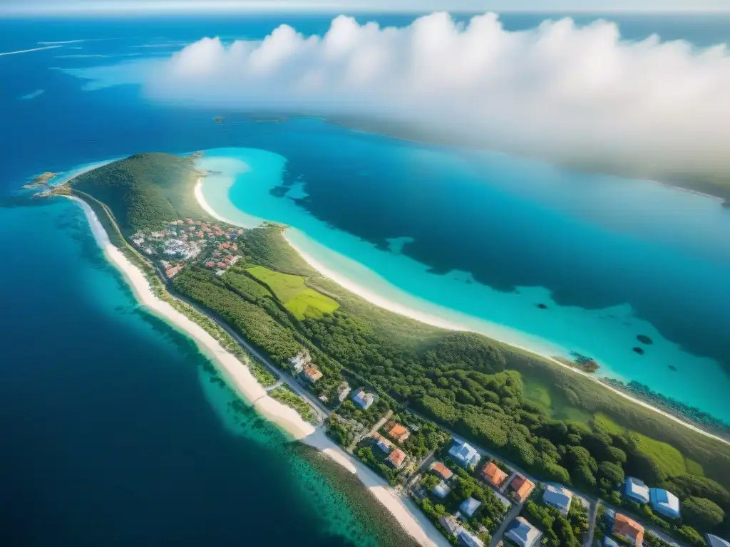 Armonía costera: Desarrollo urbano y naturaleza en equilibrio Vista aérea de ciudad costera con equilibrio entre desarrollo urbano y conservación ambiental